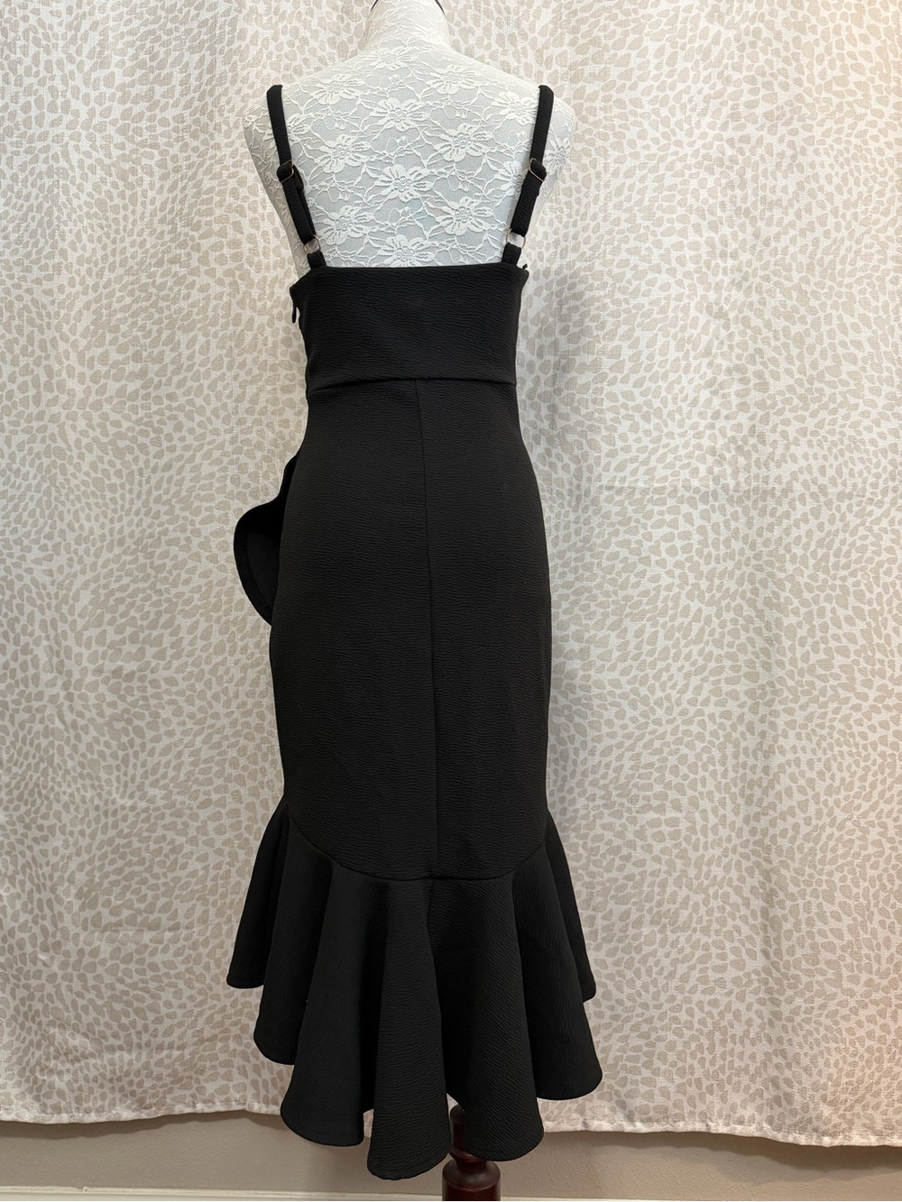 Black Ruffle-Hem Spaghetti Strap Dress with Side Zipper.